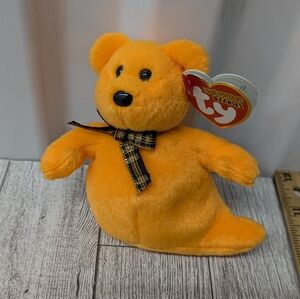 Ty Haunted Beanie Babies Bright Orange Bear with Plaid Bow